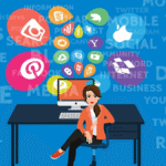 A woman at a desk surrounded by digital marketing icons, symbolizing the interconnected world of online platforms and strategies