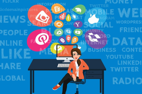 The Complete Guide to Benefits of Outsourcing Digital Marketing for Modern Businesses A woman at a desk surrounded by digital marketing icons, symbolizing the interconnected world of online platforms and strategies