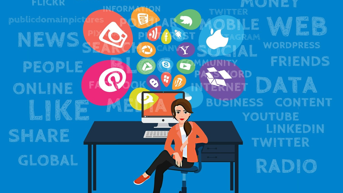 A woman at a desk surrounded by digital marketing icons, symbolizing the interconnected world of online platforms and strategies