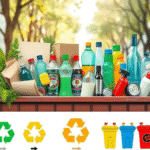Dry mixed recycling bin filled with various recyclable materials like bottles, cans, and cardboard, set outdoors with a natural green background, promoting eco-friendly waste management