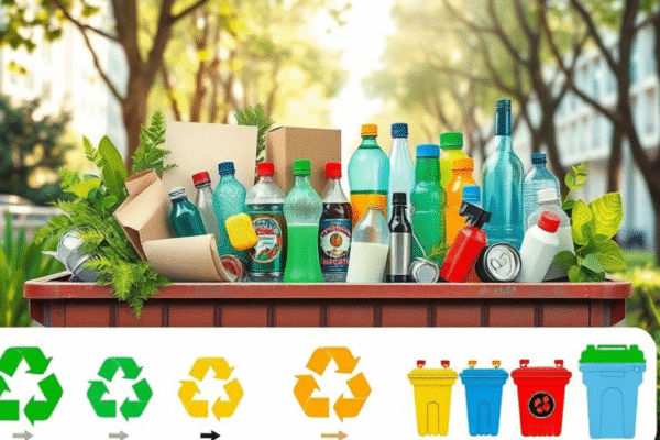 What Is Dry Mixed Recycling and Why It Matters Dry mixed recycling bin filled with various recyclable materials like bottles, cans, and cardboard, set outdoors with a natural green background, promoting eco-friendly waste management