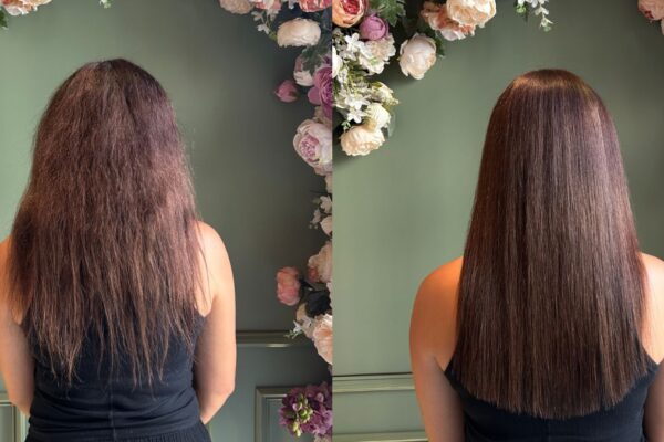 Keratin Hair Masks for Smooth and Shiny Hair Before and after comparison showing a woman's hair transformed from frizzy to smooth and straight, highlighting the effect of keratin hair masks