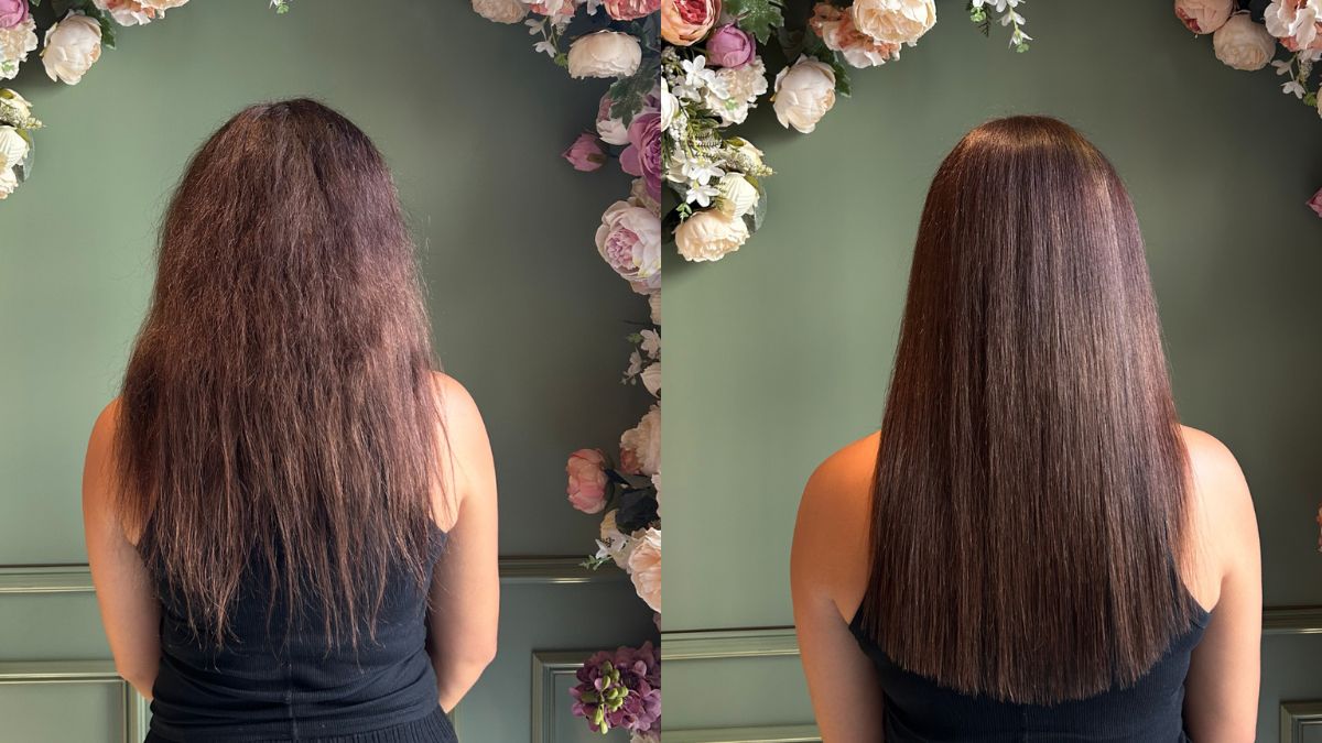 Before and after comparison showing a woman's hair transformed from frizzy to smooth and straight, highlighting the effect of keratin hair masks