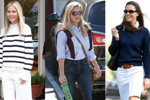 Triptych of Gwyneth Paltrow, Reese Witherspoon, and Kate Middleton in preppy outfits, showcasing timeless and versatile preppy fashion styles