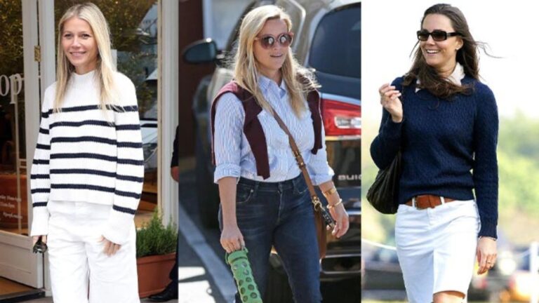 Triptych of Gwyneth Paltrow, Reese Witherspoon, and Kate Middleton in preppy outfits, showcasing timeless and versatile preppy fashion styles