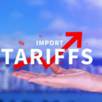 Graphic showing the rising Tariff Impact, with an upward red arrow and the text 'IMPORT TARIFFS' held by a hand.