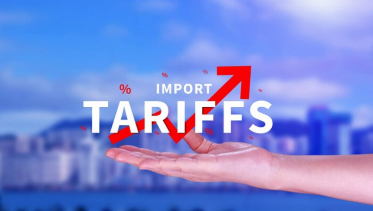 Graphic showing the rising Tariff Impact, with an upward red arrow and the text 'IMPORT TARIFFS' held by a hand.