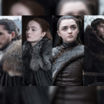 Portrait collage of six main Game of Thrones characters in winter attire, showcasing their distinct expressions and personalities.