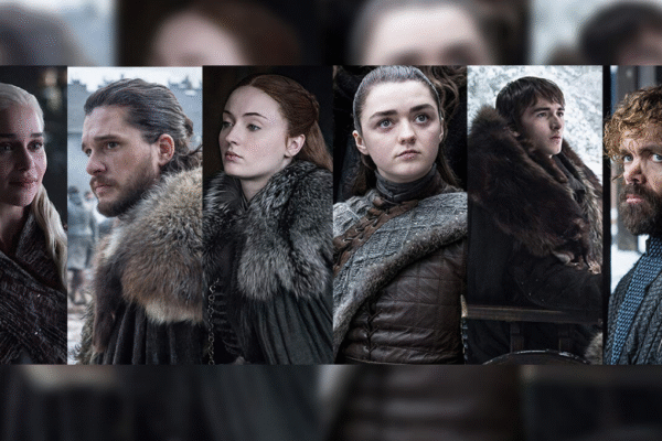 Portrait collage of six main Game of Thrones characters in winter attire, showcasing their distinct expressions and personalities.