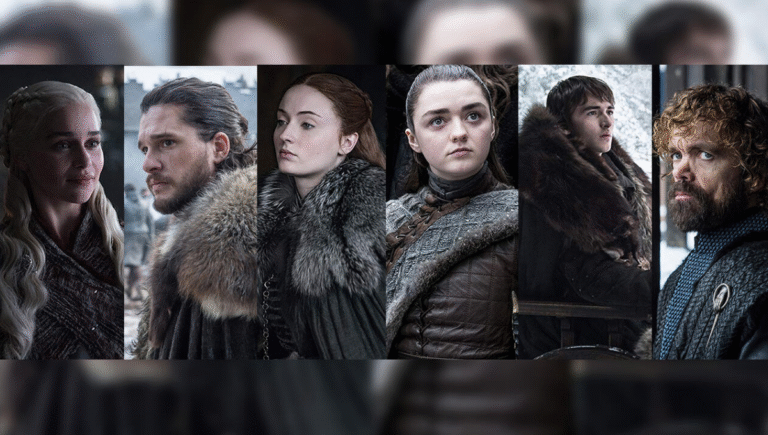 Portrait collage of six main Game of Thrones characters in winter attire, showcasing their distinct expressions and personalities.