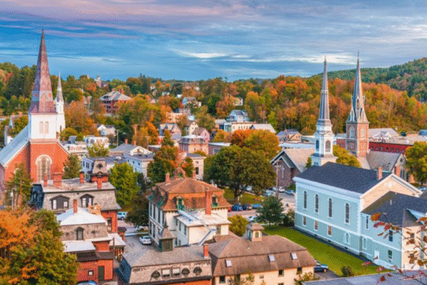 Colorful autumn view of a church and historic buildings in a small scenic city, showcasing the charm of Historic Towns of America.