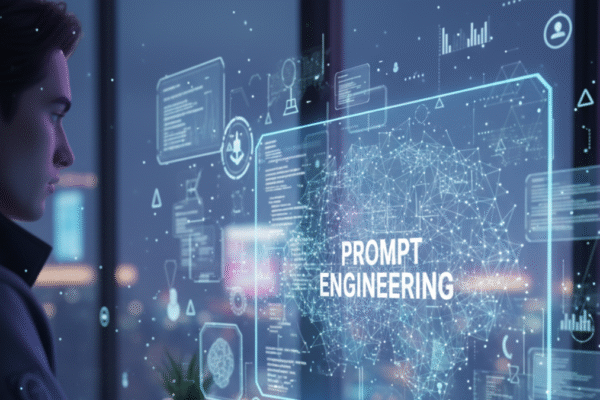 Futuristic workspace: person types on holographic screen, surrounded by glowing AI visuals, data, and light. Focus on "Prompt Engineering