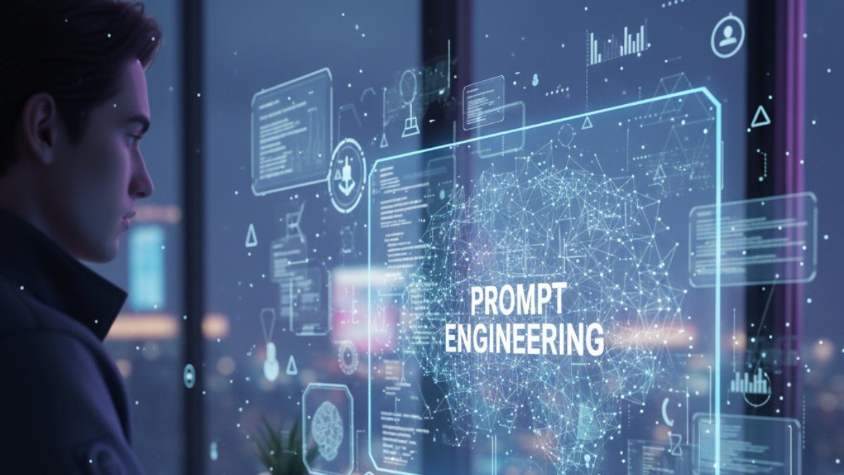 Futuristic workspace: person types on holographic screen, surrounded by glowing AI visuals, data, and light. Focus on "Prompt Engineering
