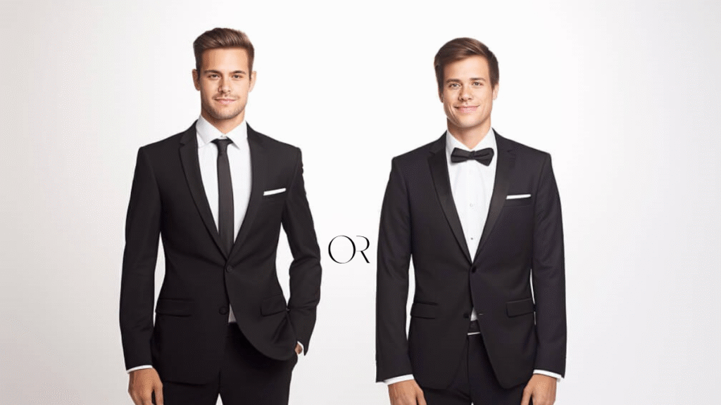 A side-by-side comparison showing the difference between a suit and a tux, featuring a man in a suit and another in a tuxedo.