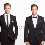 A side-by-side comparison showing the difference between a suit and a tux, featuring a man in a suit and another in a tuxedo.