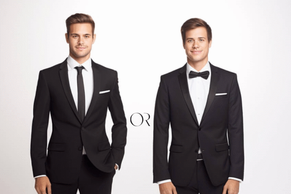 The Difference Between a Suit and a Tux Explained A side-by-side comparison showing the difference between a suit and a tux, featuring a man in a suit and another in a tuxedo.