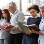 A diverse group of adult learners reading books together in a bright classroom, representing lifelong learning and the concept of perennial education